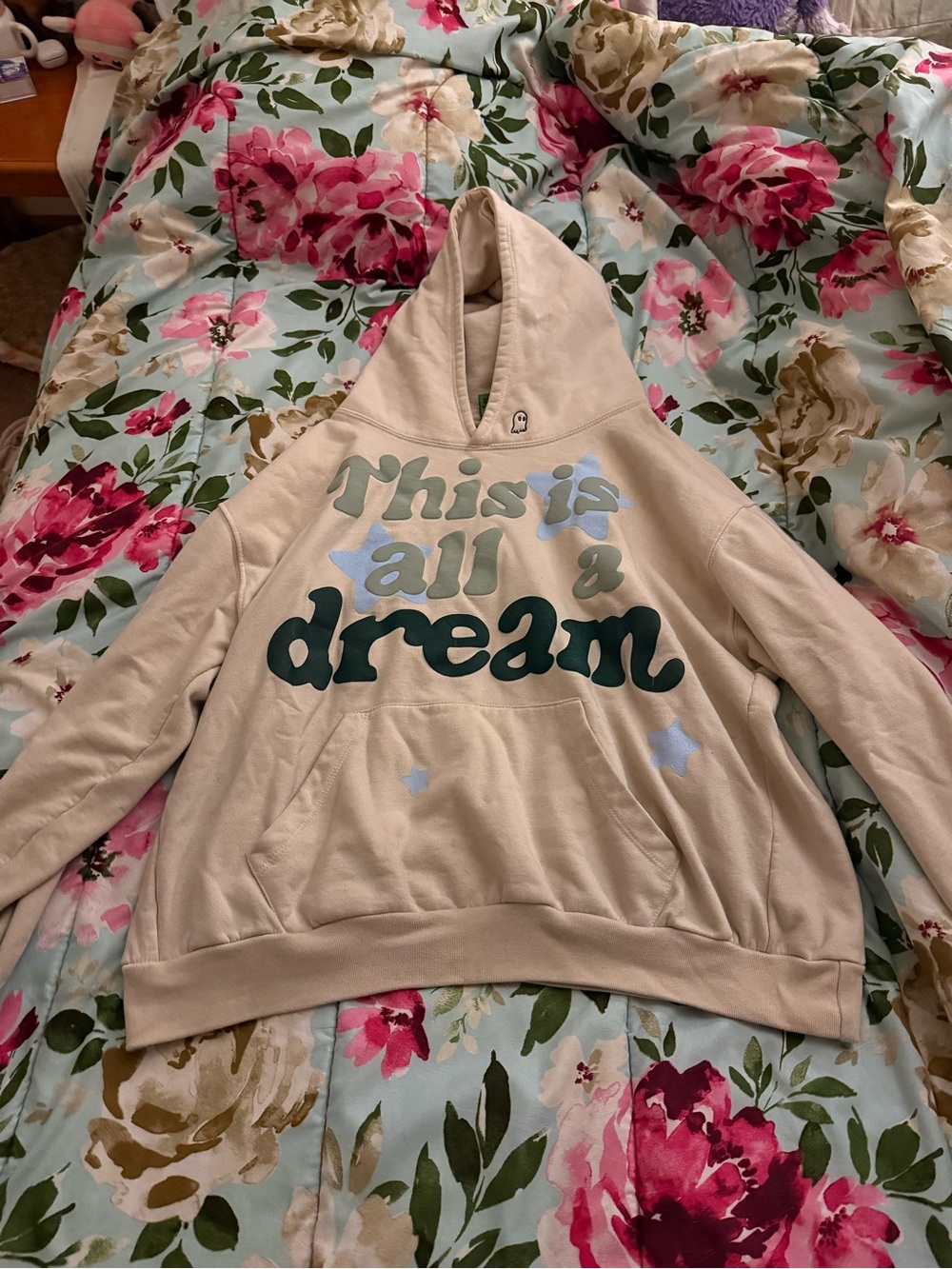 LONELY GHOST Beige Hoodie with Green and Light Blue Graphic